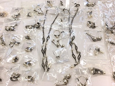 Lot 196 - Collection of silver (925) marcasite and simulated pearl earrings, necklaces and rings, mostly new in packets