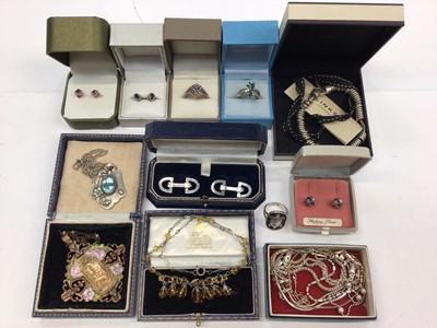 Lot 200 - Group of silver gem set rings, stud earrings, Art Nouveau style enamelled pendant necklace, Links of London bracelet in box, various silver chain bracelets and other jewellery