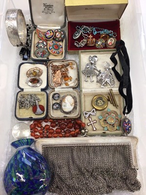 Lot 203 - 1950s silver bangle, silver plated mesh purse, necklaces, micro-mosaic and other brooches, bijouterie and an art glass perfume bottle