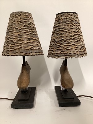 Lot 26 - Pair Childrens Shoe Lath lamps with Pheasant shades, 45cm with shade, 31cm without shade, on 10 x 20cm base