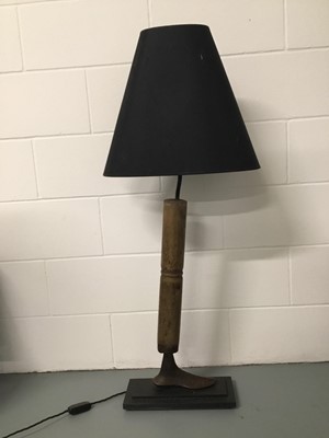 Lot 27 - Cobblers Workshop Shoe Lath Tool lamp, 81cm on 15cm x 35cm base