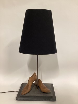 Lot 30 - Twin Cobblers Shoe Laths lamp with tapered cone shade, 52cm without shade, 77cm with shade, on 26cm x 36cm base