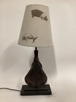 Lot 44 - Vintage Bicycle Seat lamp with Emily Bond Pig linen shade, 69cm with shade, on 25cm x 13cm base