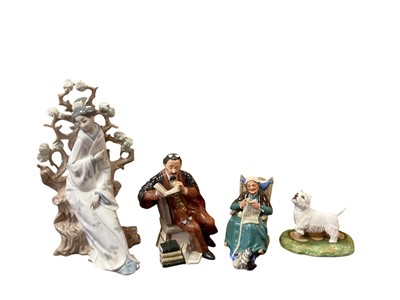 Lot 1266 - Lladro porcelain figure, two Royal Doulton figures and a Royale Stratford dog (4)