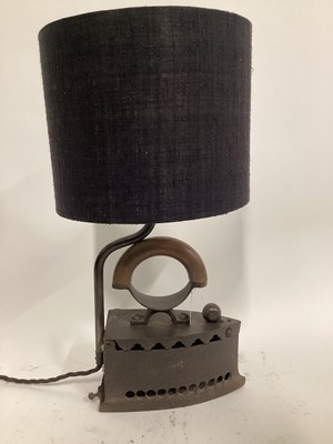 Lot 53 - Vintage Iron lamp, 47cm with half linen shade, 20cm x 10cm bottom