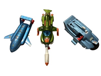 Lot 2036 - Corgi Batmobile diecast model, boxed (poor) No.267 and loose Dinky UFO Interceptor No.351, Spectrum Pursuit Vehicle, Shado 2, Adveture 2000 Command Raiders and other vehicles (1 box)