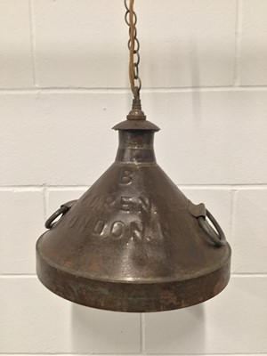 Lot 60 - Milk Churn top hanging light, 31cm high, 31cm diameter, with chain and circular 8cm ceiling mount