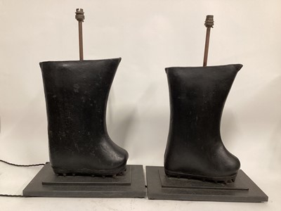 Lot 62 - Pair of Shanghai Warrior Snow Boot lamps, 63cm high to top of light fitting, on 23cm x 40.5cm base (2)