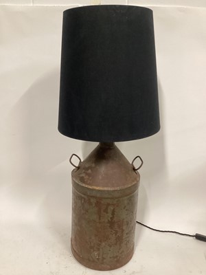 Lot 67 - Large Paraffin can lamp with large cone shade, 97cm high with shade, base of can 30cm diameter