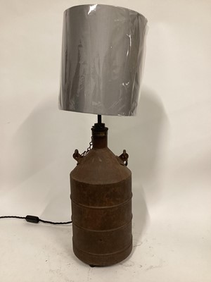 Lot 68 - Paraffin Can lamp with silver cone shade, 80cm with shade, 57cm without shade, base of can 21cm diameter