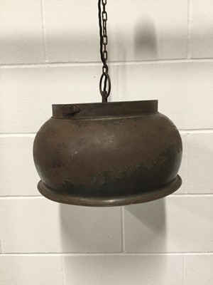 Lot 69 - Rustic Tribal Cooking Pot hanging light, 35cm diameter, 26cm deep with 6.5cm circular ceiling fitting