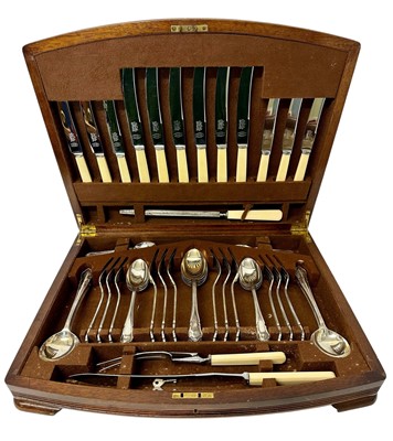 Lot 241 - 1930s/40s canteen of silver plated Dubarry pattern cutlery, six place setting, in fitted walnut veneered case