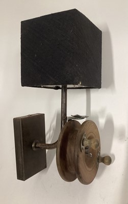 Lot 72 - Vintage Fishing Reel wall light with box shade, 33cm in height, 18cm depth, with 14cm x 8cm wall mount