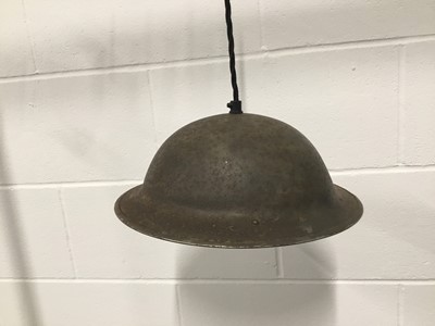 Lot 77 - Helmet hanging light (Second World War Mk 2 British Steel helmet) 31cm x 29cm x 12cm on 8cm diameter circular ceiling fitting