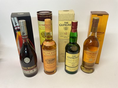 Lot 119 - Whisky and cognac, including Remy Martin VSOP, Glenlivet 12 year, Glenmorangie 10 year x 2 (4 bottles)