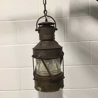 Lot 83 - Hanging Lantern light, 44cm high, 20cm base with chain and ceiling fitting 10cm diameter