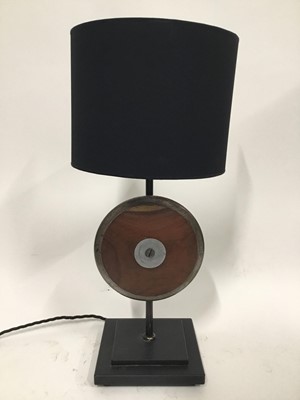 Lot 96 - Old Wooden Discus lamp with half shade, 54cm high with shade, on 17cm square base