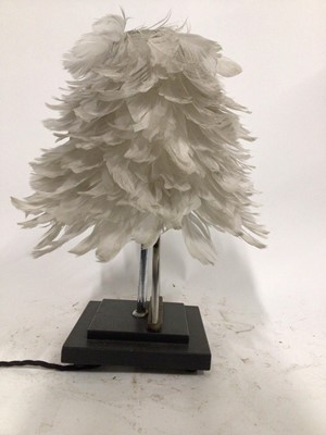 Lot 98 - Horse's Stirrup Lamp with Goose feather shade, 42cm high, 18cm square base