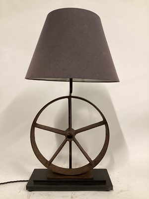 Lot 100 - Industrial Wheel lamp with grey shade, 70cm high with shade, on 35cm x 15cm base