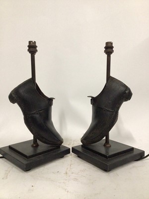 Lot 103 - Pair of Vintage Clog lamps (wood and leather, and of Lancashire origin) 38cm including fittings on 8cm square bases