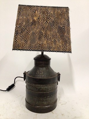 Lot 104 - Small Milk Churn lamp with Guinea fowl half shade, 52cm high including shade, 18cm diameter base