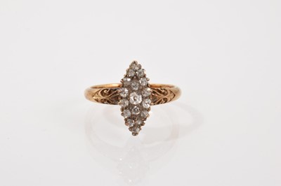 Lot 249 - Antique 18ct gold diamond set marquise shape cluster ring with carved scroll shoulders