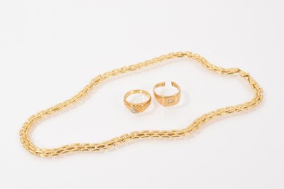 Lot 250 - 18ct gold diamond set signet ring, one other signet ring and a chain link necklace, both stamped '18ct' (3)