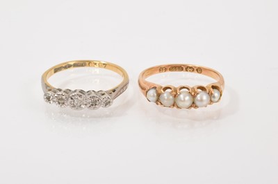 Lot 251 - 18ct gold diamond five stone ring in platinum illusion setting and Victorian 15ct gold pearl five stone ring (2)