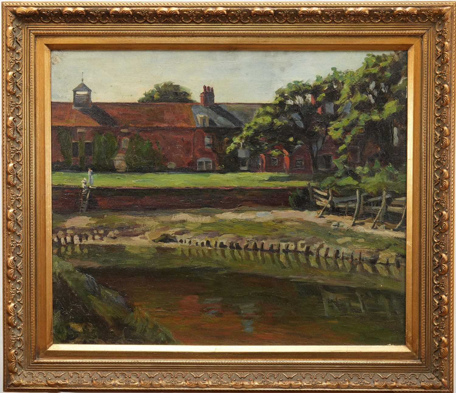 Lot 1309 - Manner of Sir Alfred Munnings (1878-1959) oil on canvas - Riverside Buildings, bearing signature, 51cm x 61cm, in gilt frame