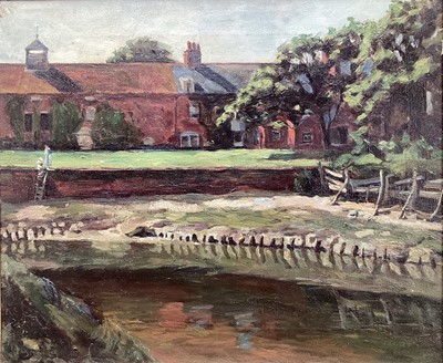 Lot 1309 - Manner of Sir Alfred Munnings (1878-1959) oil on canvas - Riverside Buildings, bearing signature, 51cm x 61cm, in gilt frame