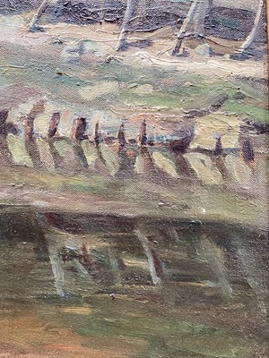 Lot 1309 - Manner of Sir Alfred Munnings (1878-1959) oil on canvas - Riverside Buildings, bearing signature, 51cm x 61cm, in gilt frame