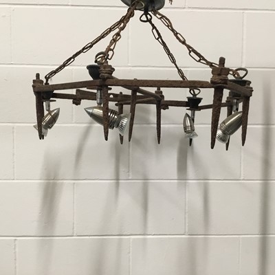 Lot 112 - Old Farming Harrow chandelier, 57cm x 76cm, with chains and ceiling fixing