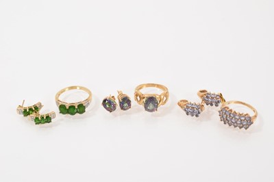 Lot 256 - Three 9ct gold gem set dress rings and three pairs of 9ct gold matching gem set earrings