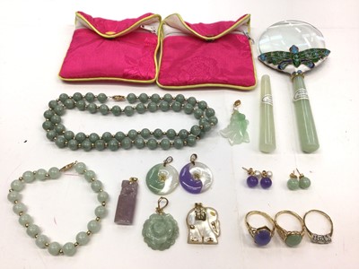 Lot 257 - Group of Chinese jade/green hard stone and mother of pearl pendants with gold mounts marked 14K, together with a similar bead necklace, bracelet and pair of earrings and three 14ct gold rings