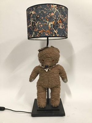 Lot 120 - Vintage Teddy Bear lamp with marble shade, 80cm high with shade, on 26cm square base (detachable Teddy)