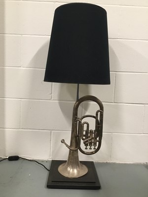 Lot 121 - Upcycled Euphonium Lamp with large cone shade, 100cm high with shade, on 30cm square base