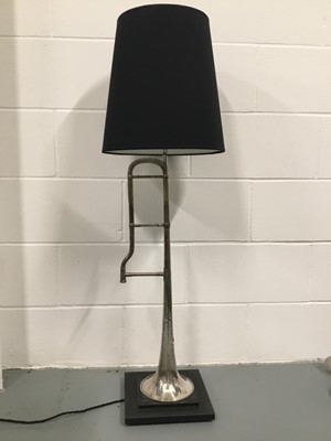 Lot 122 - Upcycled Antique Trombone lamp with shade, 113cm with shade, on 25cm square base