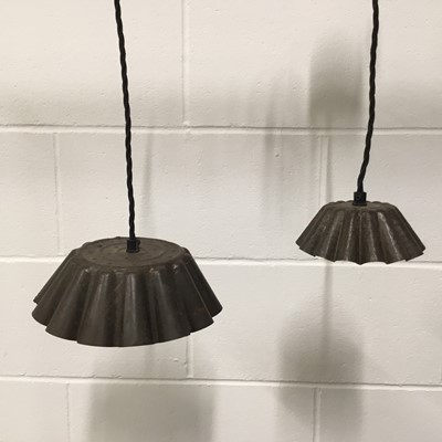 Lot 123 - Two Vintage Jelly Mould hanging lights, the larger 22cm diameter, the smaller 15cm, both with 8cm diameter ceiling fixings