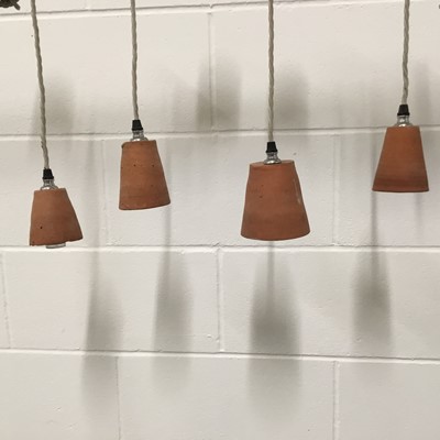 Lot 124 - Group of Flower Pot lights, one triple, on 23cm diameter ceiling fitting together with four single hanging flower pot lights, each on 8cm ceiling fittings