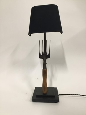 Lot 127 - Vintage Garden Hand Fork lamp with half shade, 61cm high with shade, on 18cm square base