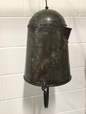 Lot 132 - Old Fire Bucket hanging light, 40cm high, 28cm diameter, on 10cm diameter fixing