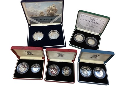 Lot 545 - G.B. - Royal Mint silver proof two coin sets to include Crown's 200th Anniversary 'Nelson - Trafalgar' 2005, U.K. Fifty Pence 1997, Ten Pence 1992 & Five Pence 1990 x 2 (5 coin sets)