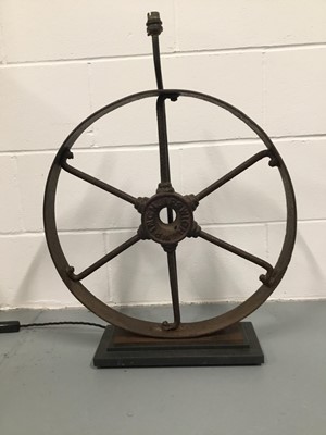 Lot 136 - Large Industrial Wheel lamp, 70cm high to top of light fitting, wheel 52cm diameter, on 36cm x 15cm base