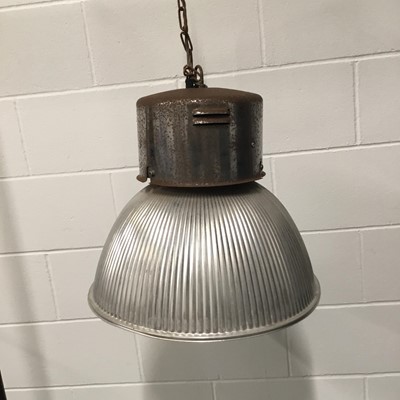 Lot 137 - Large Industrial hanging light, 40cm, diameter 46cm, on chain, with 8.5cm diameter ceiling fixing