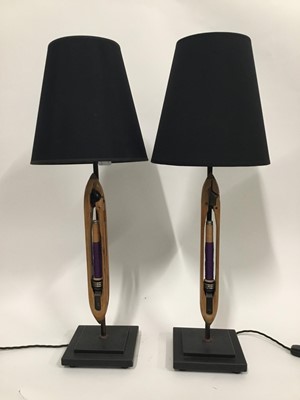 Lot 138 - Pair Loom Shuttle lamps with cone shades, 77cm high with shade, on 18cm square bases