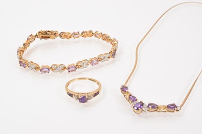 Lot 261 - 9ct gold amethyst and diamond necklace, ring and similar style gilt metal bracelet (3)