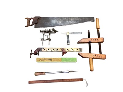 Lot 807 - Group of assorted vintage and antique tools to include sash clamp, braces, saws, multi tool and other items.