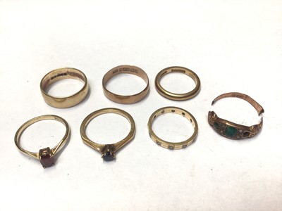 Lot 1014 - Group of 9ct gold rings to include three wedding bands, gem set eternity ring, two single stone gem set rings and a broken ring