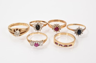 Lot 264 - Six 9ct gold diamond and gem set dress rings