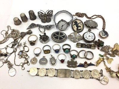 Lot 265 - Group of antique and vintage jewellery including silver, marcasite, thimbles, two watches, charm bracelet, gem set rings etc